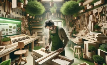 Ein Bild, das Nachhaltigkeit im Schreinerhandwerk mit einem stärkeren Fokus auf Grün darstellt. In der Werkstatt der Schreinerei Kälin AG