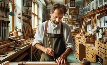 Ein Schreiner in seiner Werkstatt umgeben von verschiedenen Holzstücken und Werkzeugen.